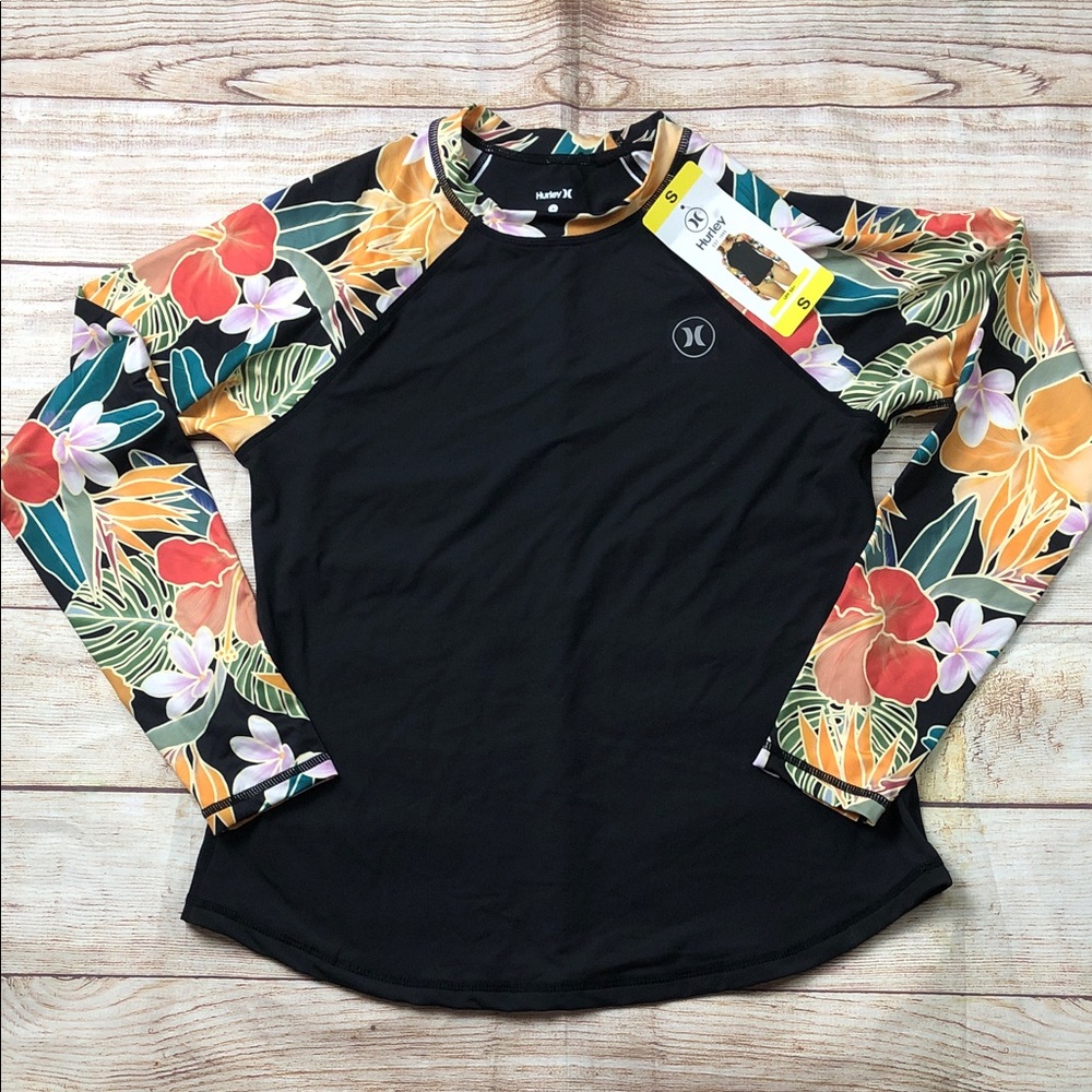 Hurley Black Rash Guard with Colorful Floral Sleeves